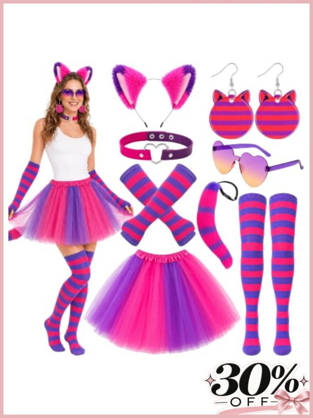 8Pc Cat Costume Accessory Set Headband Tail Choker Socks Tutu